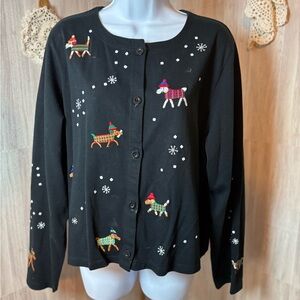 Michael Simon Black Cardigan Embroidered Dogs Dressed Christmas and Snowflakes